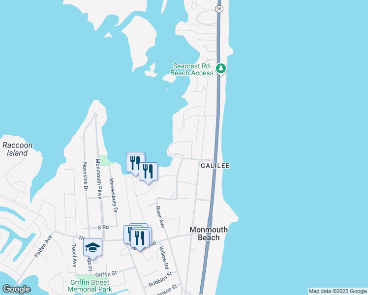 map of restaurants, bars, coffee shops, grocery stores, and more near 162 Wharfside Drive in Monmouth Beach