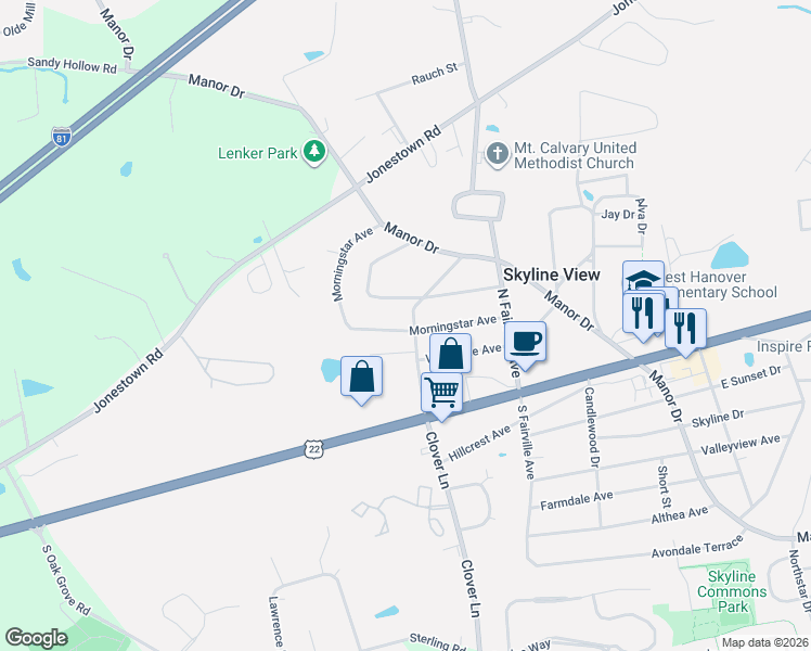 map of restaurants, bars, coffee shops, grocery stores, and more near 103 North Clover Lane in Harrisburg