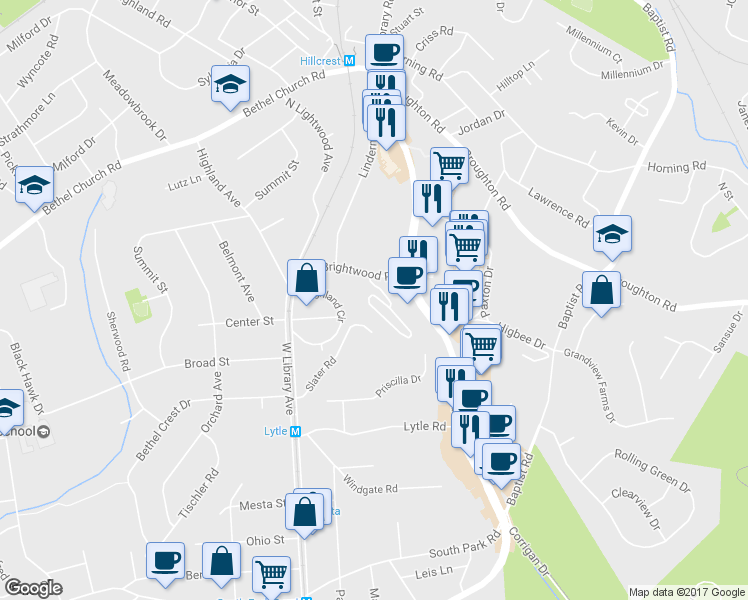 map of restaurants, bars, coffee shops, grocery stores, and more near 1006 Lenox Drive in Bethel Park