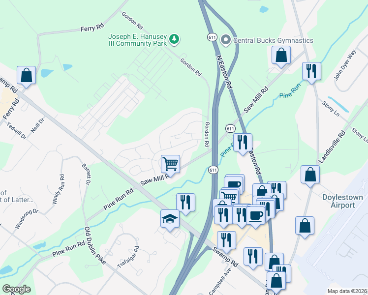 map of restaurants, bars, coffee shops, grocery stores, and more near 5065 Rebecca Fell Drive in Doylestown