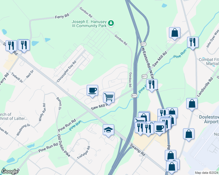 map of restaurants, bars, coffee shops, grocery stores, and more near Patriots Ridge Drive in Doylestown