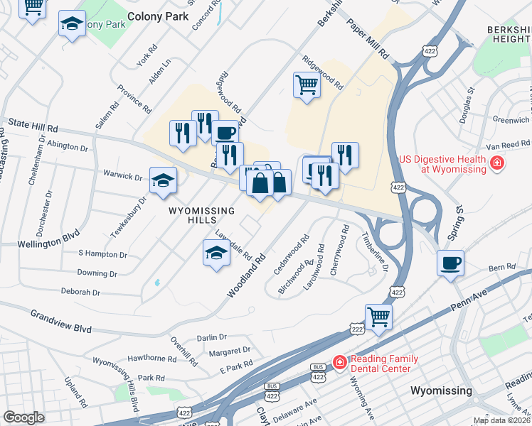 map of restaurants, bars, coffee shops, grocery stores, and more near 1814 State Hill Road in Wyomissing