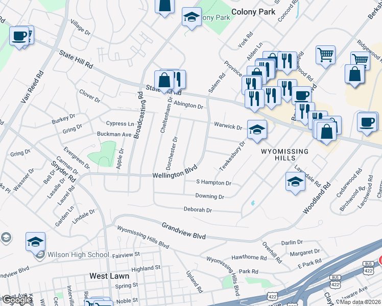 map of restaurants, bars, coffee shops, grocery stores, and more near 44 Wellington Boulevard in Wyomissing