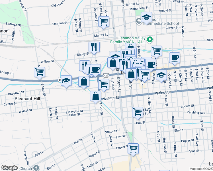 map of restaurants, bars, coffee shops, grocery stores, and more near 1123 Chestnut Street in Lebanon