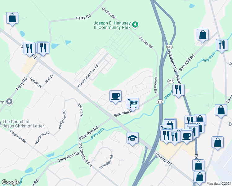 map of restaurants, bars, coffee shops, grocery stores, and more near 4625 Louise Saint Claire Drive in Doylestown