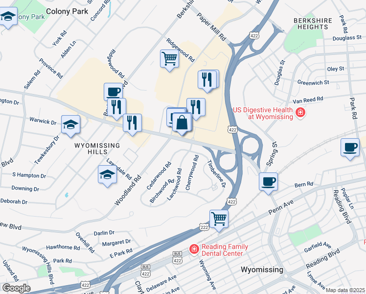 map of restaurants, bars, coffee shops, grocery stores, and more near 3 Cedarwood Road in Wyomissing