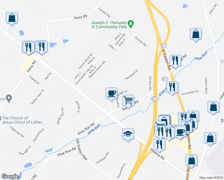 map of restaurants, bars, coffee shops, grocery stores, and more near 4625 Louise Saint Claire Drive in Doylestown
