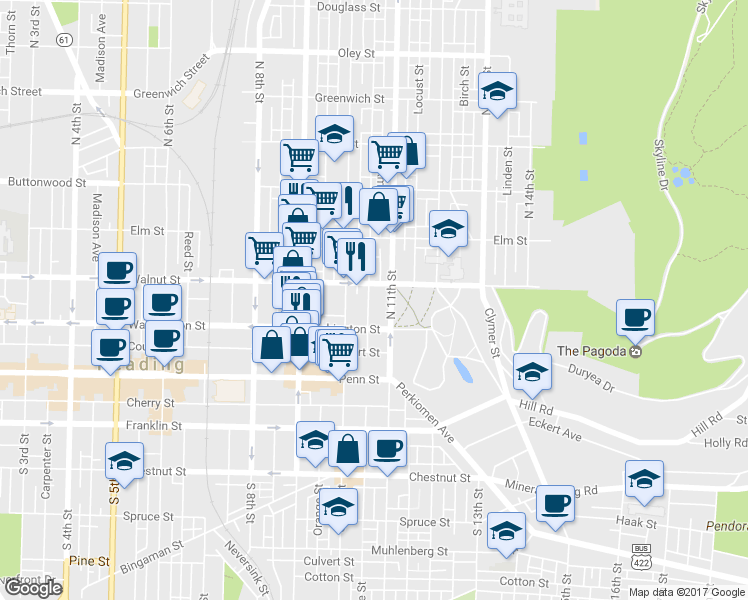 map of restaurants, bars, coffee shops, grocery stores, and more near 135 Mulberry Street in Reading