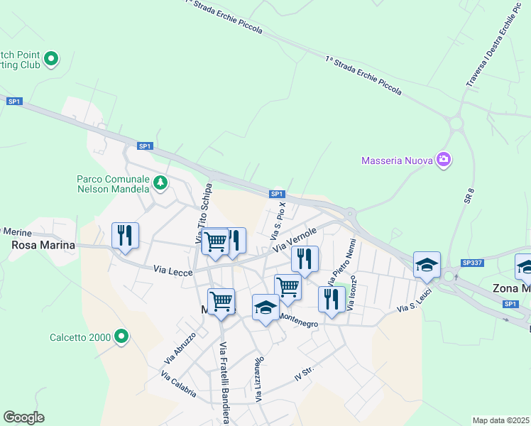 map of restaurants, bars, coffee shops, grocery stores, and more near 35 Via San Francesco D'Assisi in Merine