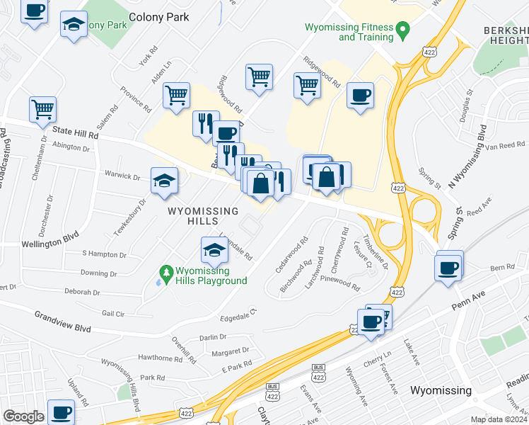 map of restaurants, bars, coffee shops, grocery stores, and more near 109 Valley Greene Circle in Reading