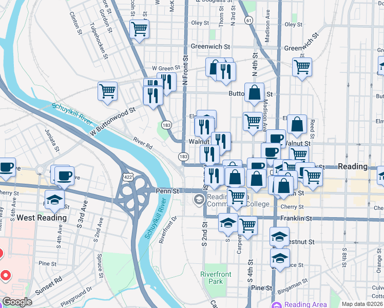 map of restaurants, bars, coffee shops, grocery stores, and more near 147 Pear Street in Reading