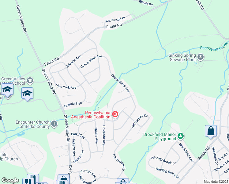 map of restaurants, bars, coffee shops, grocery stores, and more near 321 Valley Court in Sinking Spring