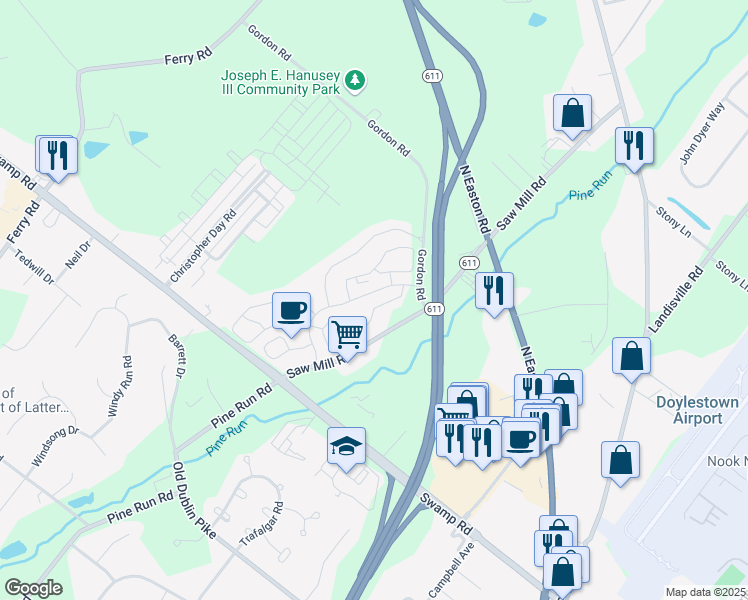 map of restaurants, bars, coffee shops, grocery stores, and more near 5061 Rebecca Fell Drive in Doylestown