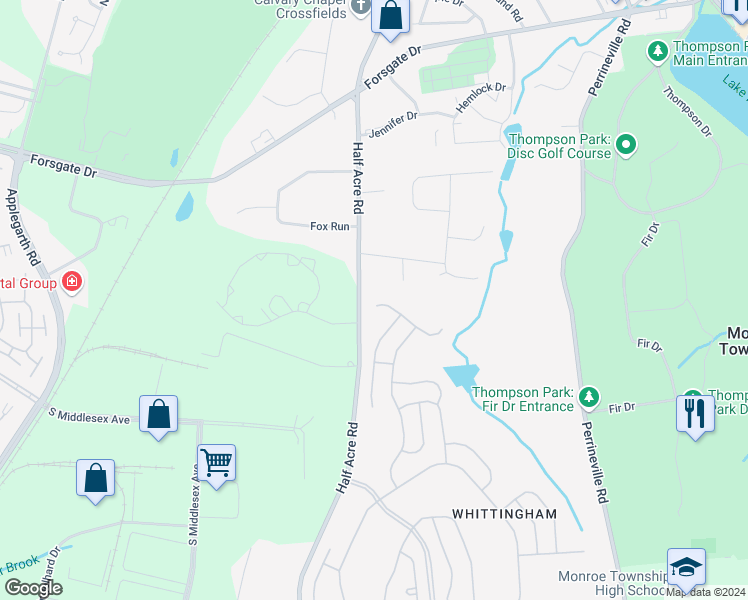 map of restaurants, bars, coffee shops, grocery stores, and more near 31 Whitehall Road in Monroe Township