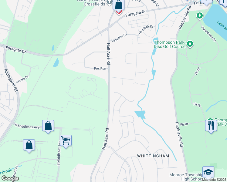 map of restaurants, bars, coffee shops, grocery stores, and more near 31 Whitehall Road in Monroe Township