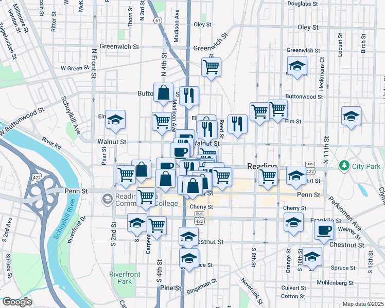 map of restaurants, bars, coffee shops, grocery stores, and more near 131 North 5th Street in Reading
