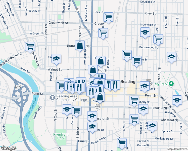 map of restaurants, bars, coffee shops, grocery stores, and more near 147 North 5th Street in Reading