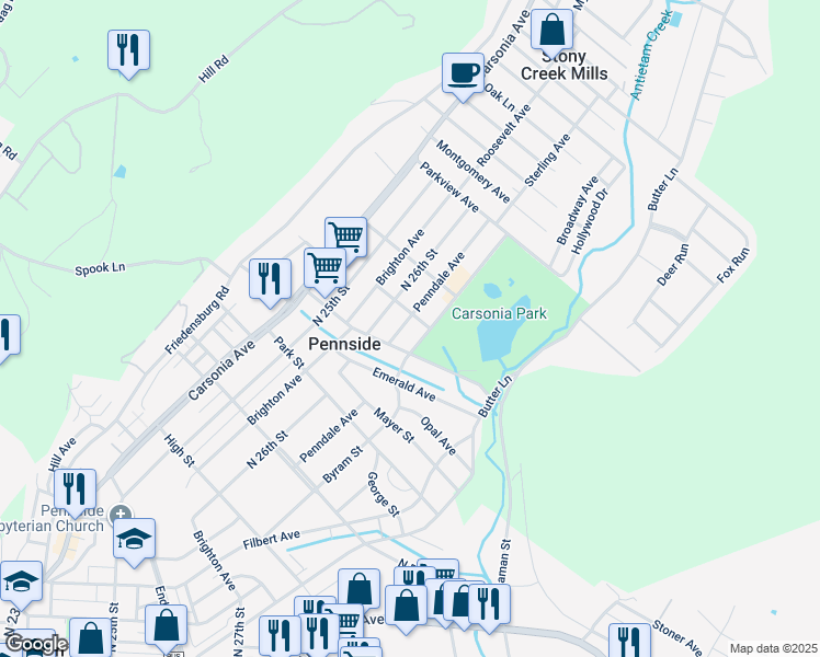 map of restaurants, bars, coffee shops, grocery stores, and more near 807 Penndale Avenue in Reading