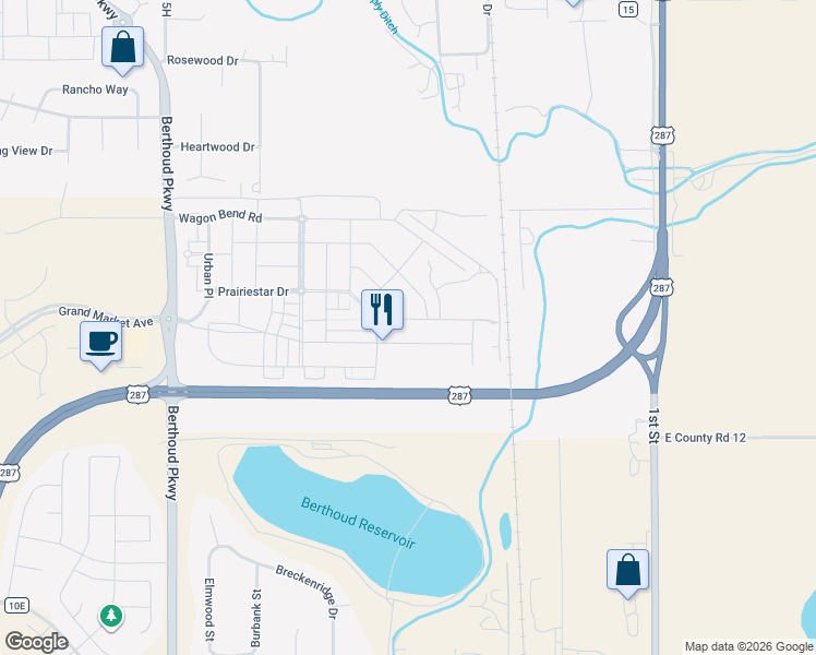 map of restaurants, bars, coffee shops, grocery stores, and more near 543 Country Road in Berthoud