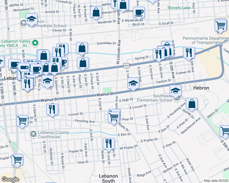 map of restaurants, bars, coffee shops, grocery stores, and more near 1 East Walnut Street in Lebanon