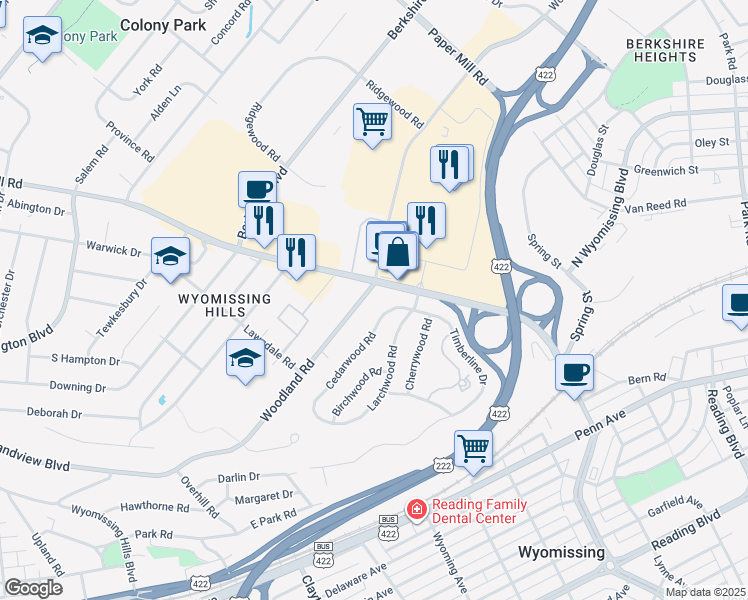 map of restaurants, bars, coffee shops, grocery stores, and more near 5 Woodland Road in Reading