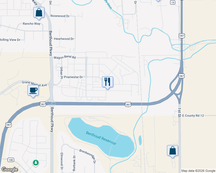 map of restaurants, bars, coffee shops, grocery stores, and more near 534 Prairie Star Drive in Berthoud