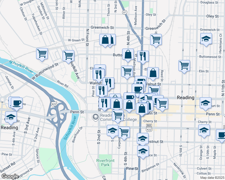 map of restaurants, bars, coffee shops, grocery stores, and more near 133 North 3rd Street in Reading