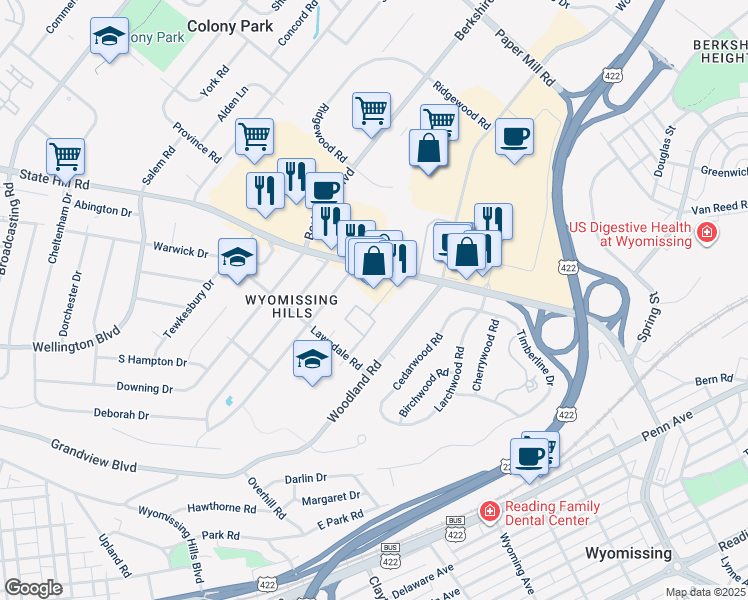 map of restaurants, bars, coffee shops, grocery stores, and more near 116 Valley Greene Circle in Wyomissing