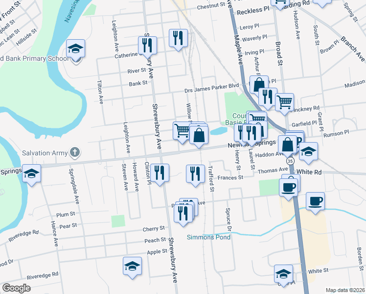 map of restaurants, bars, coffee shops, grocery stores, and more near 172 Newman Springs Road East in Red Bank
