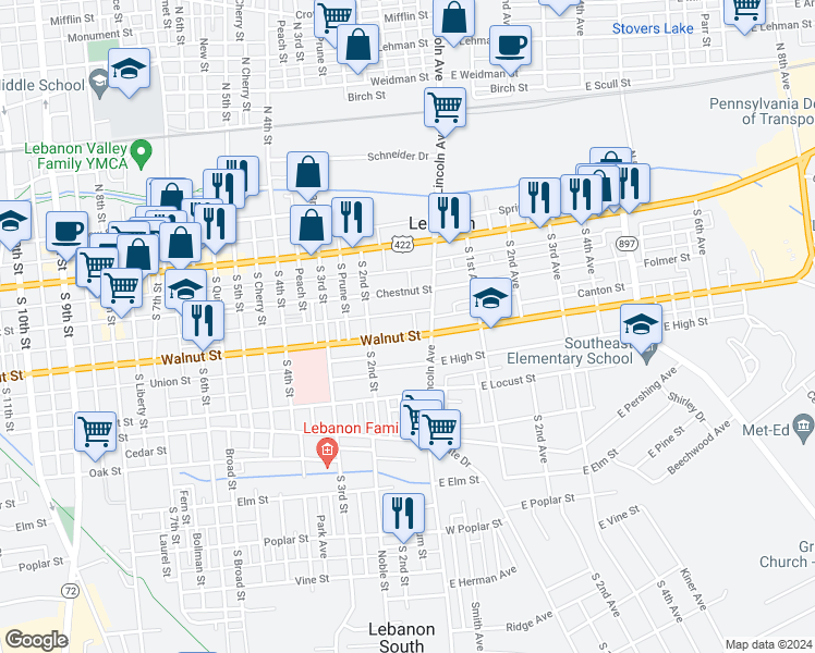 map of restaurants, bars, coffee shops, grocery stores, and more near 117 Walnut Street in Lebanon