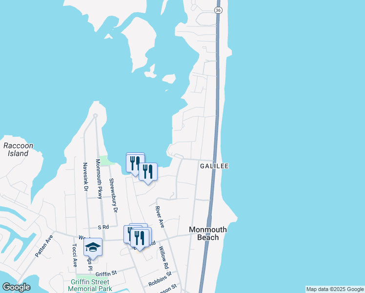 map of restaurants, bars, coffee shops, grocery stores, and more near 162 Wharfside Drive in Monmouth Beach