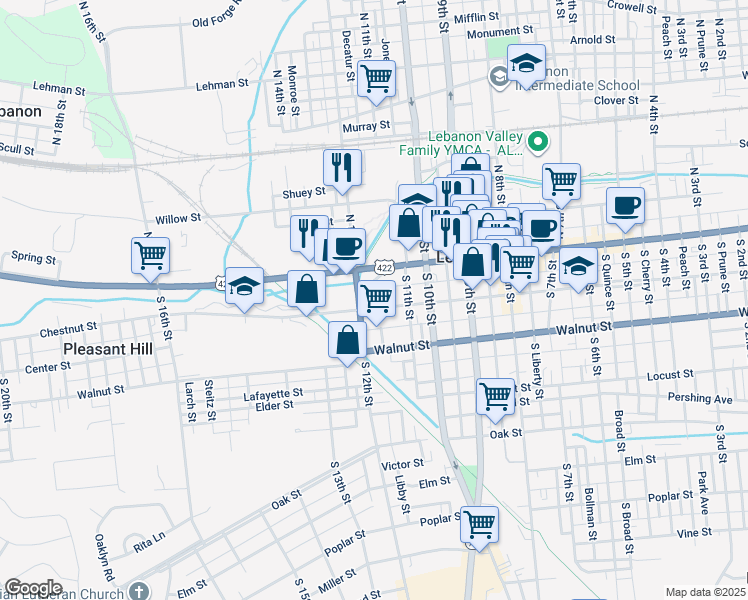 map of restaurants, bars, coffee shops, grocery stores, and more near 1123 Chestnut Street in Lebanon