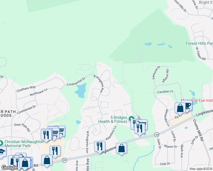map of restaurants, bars, coffee shops, grocery stores, and more near 25100 Saddle Ridge Drive in Harrisburg