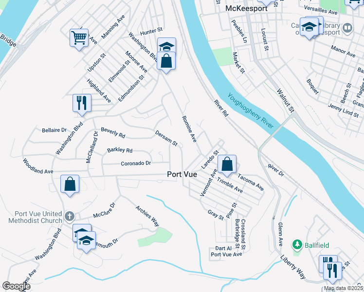 map of restaurants, bars, coffee shops, grocery stores, and more near 323 Dersam Street in McKeesport