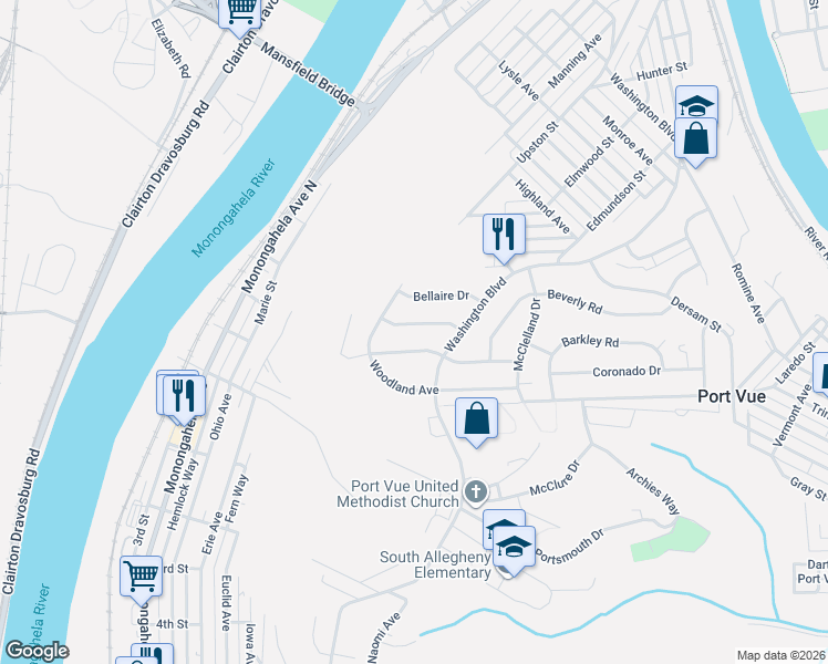 map of restaurants, bars, coffee shops, grocery stores, and more near 1006 Santa Monica Drive in McKeesport