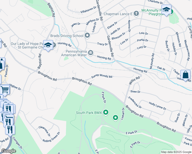 map of restaurants, bars, coffee shops, grocery stores, and more near 1035 Surrey Woods Road in Bethel Park