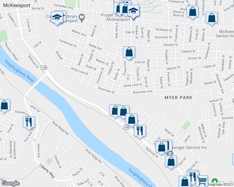 map of restaurants, bars, coffee shops, grocery stores, and more near 2814 Riverview Street in McKeesport