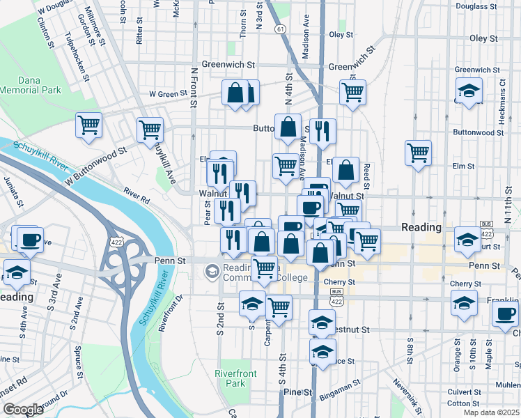 map of restaurants, bars, coffee shops, grocery stores, and more near 133 North 3rd Street in Reading