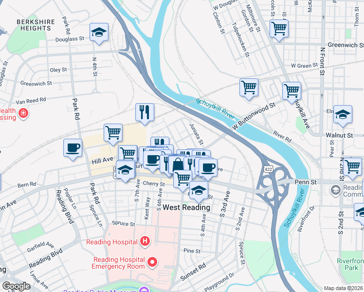 map of restaurants, bars, coffee shops, grocery stores, and more near 157 Tulpehocken Avenue in West Reading