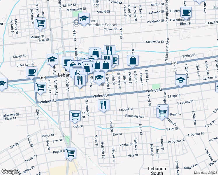 map of restaurants, bars, coffee shops, grocery stores, and more near 118 South Quince Street in Lebanon