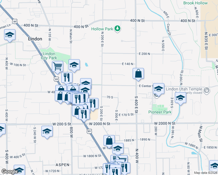 map of restaurants, bars, coffee shops, grocery stores, and more near 240 East Center Street in Lindon