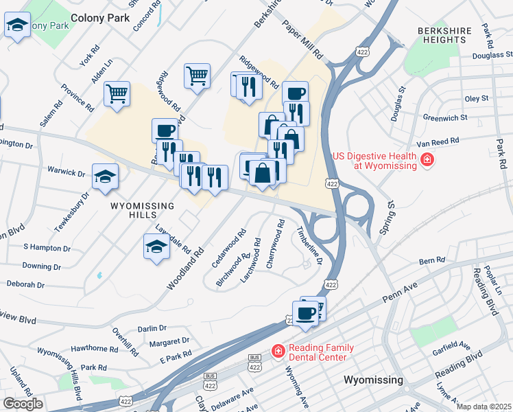 map of restaurants, bars, coffee shops, grocery stores, and more near 3 Cedarwood Road in Wyomissing