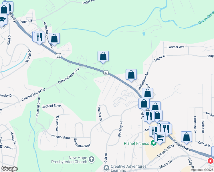 map of restaurants, bars, coffee shops, grocery stores, and more near 89 Shrader Lane in Irwin
