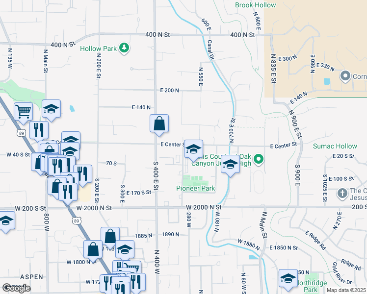 map of restaurants, bars, coffee shops, grocery stores, and more near 55 South 500 East Street in Lindon