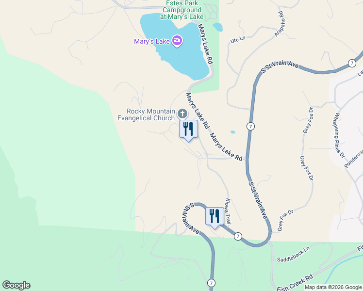 map of restaurants, bars, coffee shops, grocery stores, and more near 2625 Marys Lake Road in Estes Park