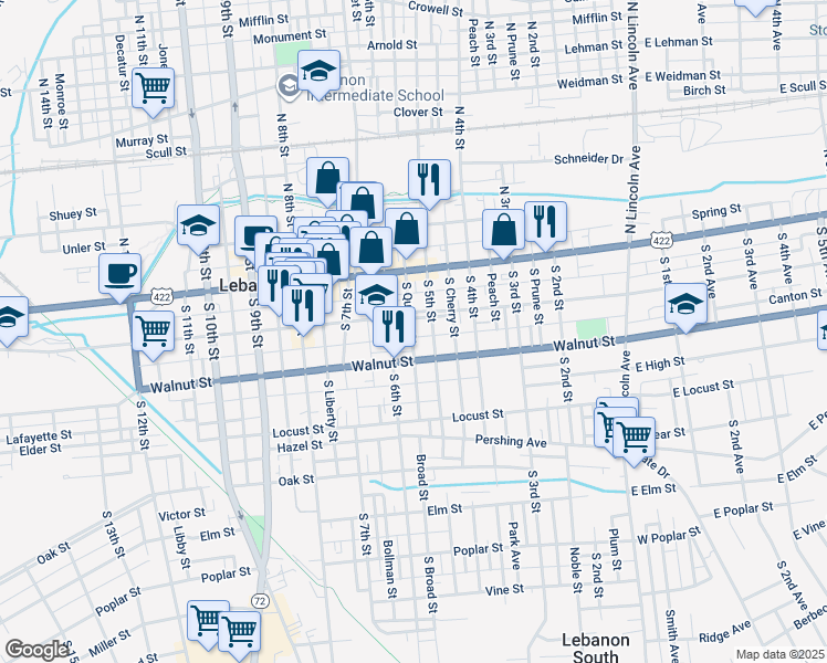 map of restaurants, bars, coffee shops, grocery stores, and more near 118 South Quince Street in Lebanon