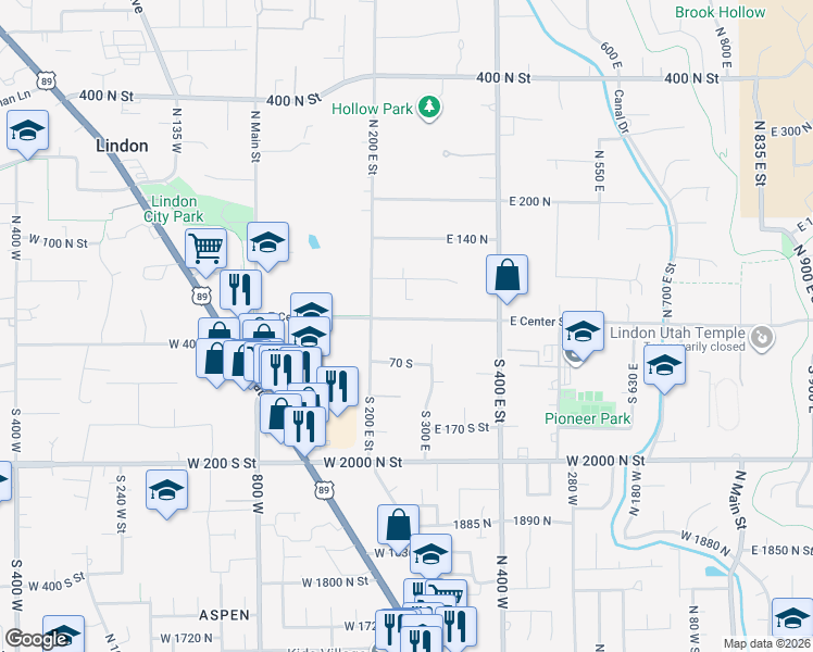 map of restaurants, bars, coffee shops, grocery stores, and more near 252 E Center St in Lindon