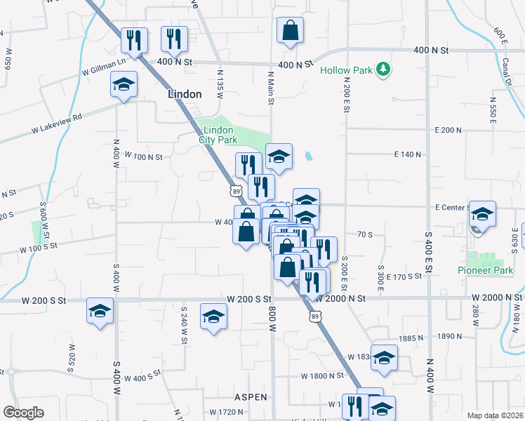 map of restaurants, bars, coffee shops, grocery stores, and more near 25 State Street in Lindon