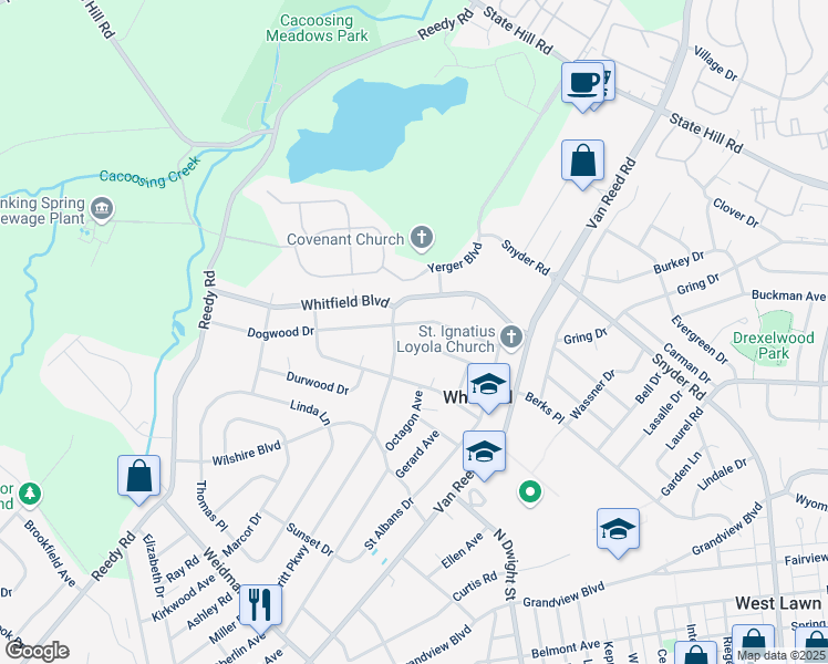 map of restaurants, bars, coffee shops, grocery stores, and more near 1202 Dogwood Drive in Reading