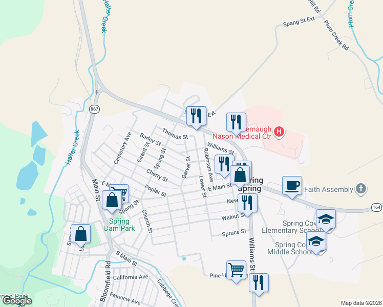 map of restaurants, bars, coffee shops, grocery stores, and more near 716 Harding Street in Roaring Spring